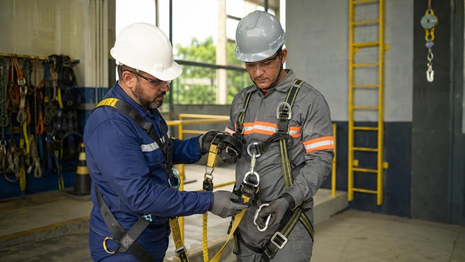 Instrutor e trabalhador conferem arnês durante NR-35 treinamento presencial em instalação industrial