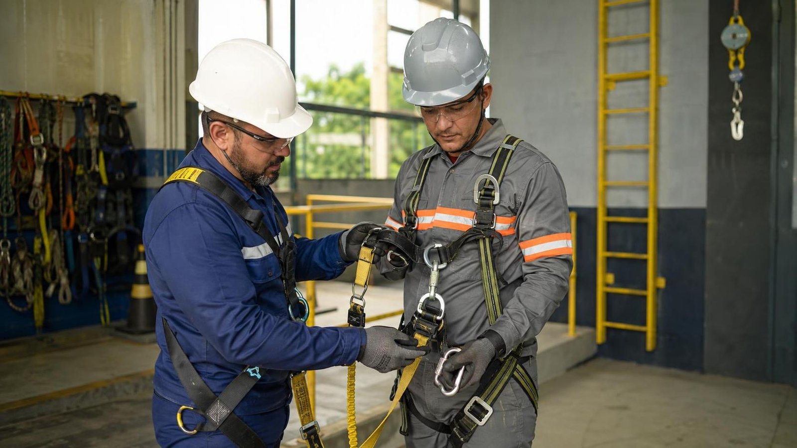 NR-35 treinamento presencial: curso online ainda vale? Instrutor e trabalhador conferem arnês durante NR-35 treinamento presencial em instalação industrial