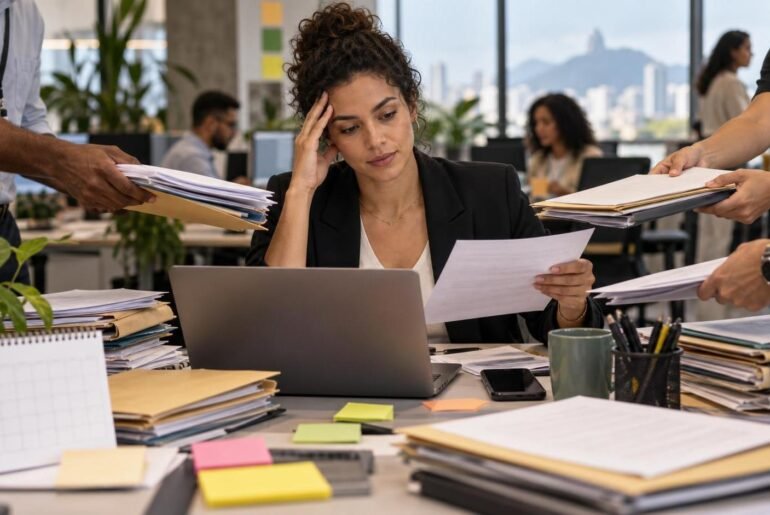 Proatividade no trabalho: profissional recebe várias demandas simultâneas em escritório