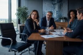 RH no comitê executivo com uma cadeira vazia ao lado da mesa de decisão