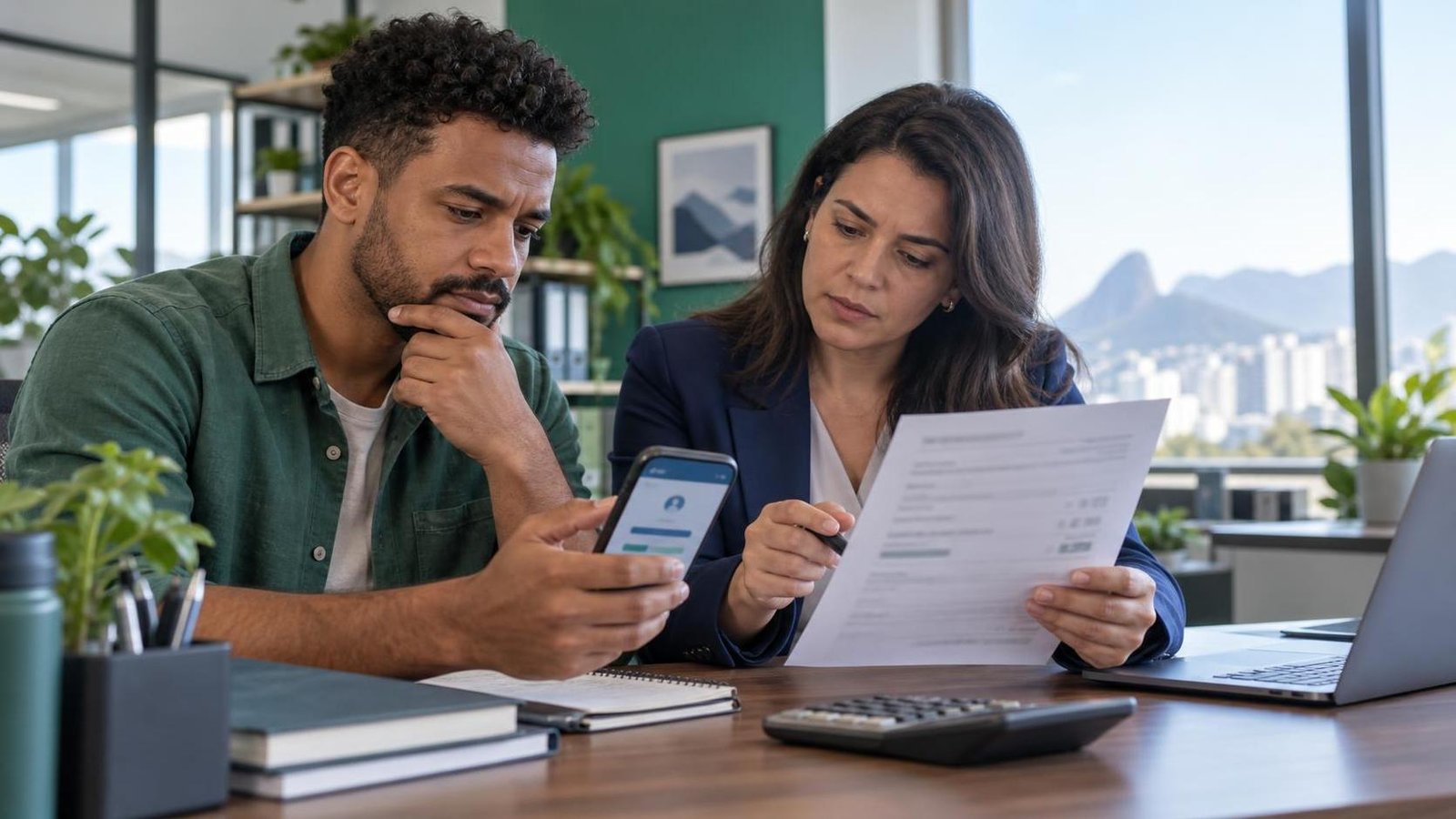 Salário errado na Carteira Digital: por que sua margem pode ficar negativa Salário errado na Carteira Digital: trabalhador e profissional de RH conferem os dados da folha