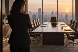 Ser CEO vale a pena: pessoa executiva observa cadeira vazia em sala de conselho