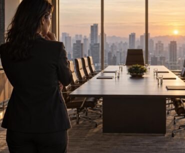 Ser CEO vale a pena: pessoa executiva observa cadeira vazia em sala de conselho