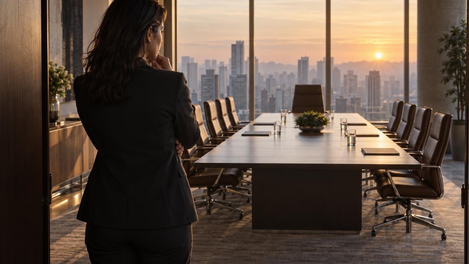 Ser CEO vale a pena? O custo do topo que a promoção esconde Ser CEO vale a pena: pessoa executiva observa cadeira vazia em sala de conselho