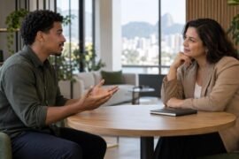 Liderança sênior escuta uma profissional em conversa skip-level
