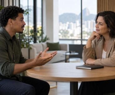 Liderança sênior escuta uma profissional em conversa skip-level