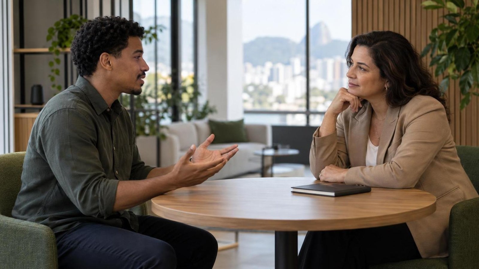 Skip-level: 15 perguntas que a hierarquia não responde Liderança sênior escuta uma profissional em conversa skip-level