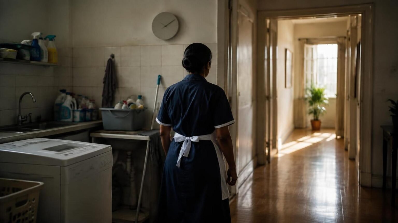 Trabalho escravo doméstico: 40 anos e volta à lista suja Trabalho escravo doméstico: trabalhadora vista de costas entre área de serviço e corredor iluminado