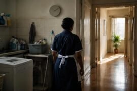 Trabalho escravo doméstico: trabalhadora vista de costas entre área de serviço e corredor iluminado