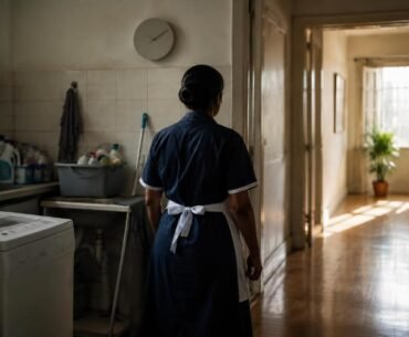 Trabalho escravo doméstico: trabalhadora vista de costas entre área de serviço e corredor iluminado