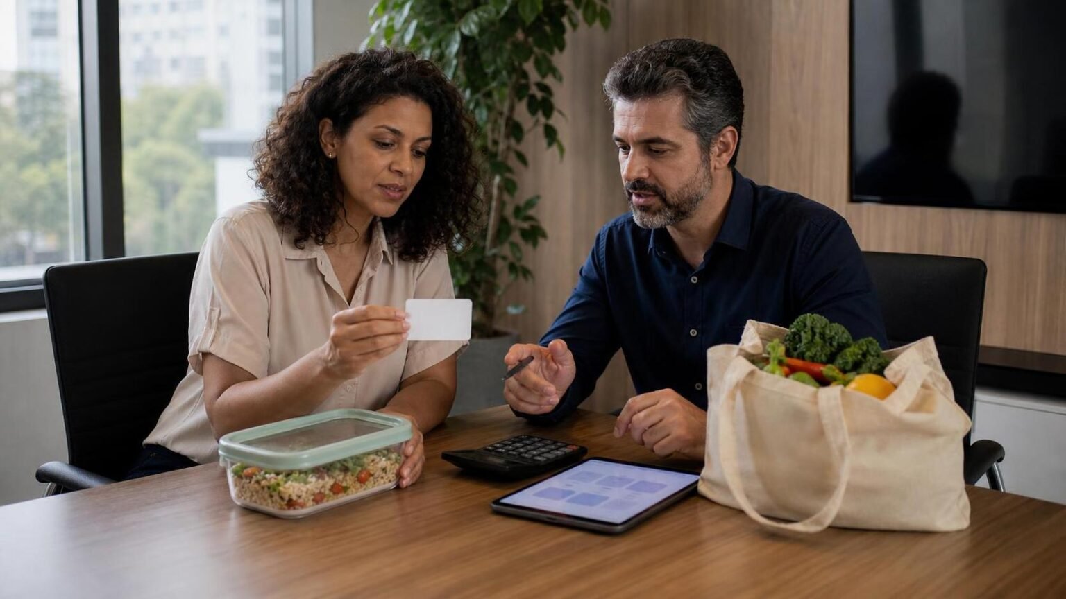 Vale-alimentação por setor: compare sem copiar uma média cega Profissionais de RH e finanças analisam vale-alimentação por setor com alimentos e calculadora