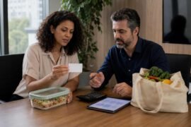 Profissionais de RH e finanças analisam vale-alimentação por setor com alimentos e calculadora