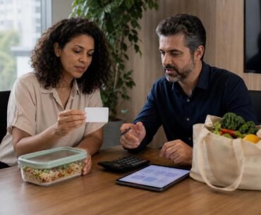 Profissionais de RH e finanças analisam vale-alimentação por setor com alimentos e calculadora