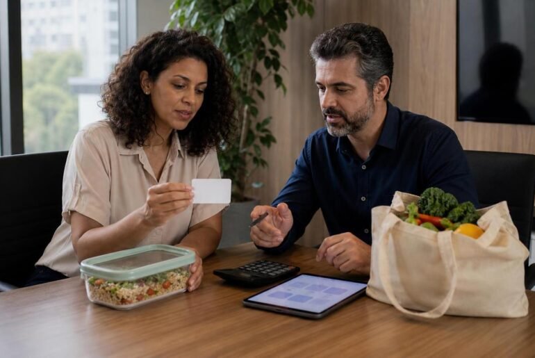 Profissionais de RH e finanças analisam vale-alimentação por setor com alimentos e calculadora