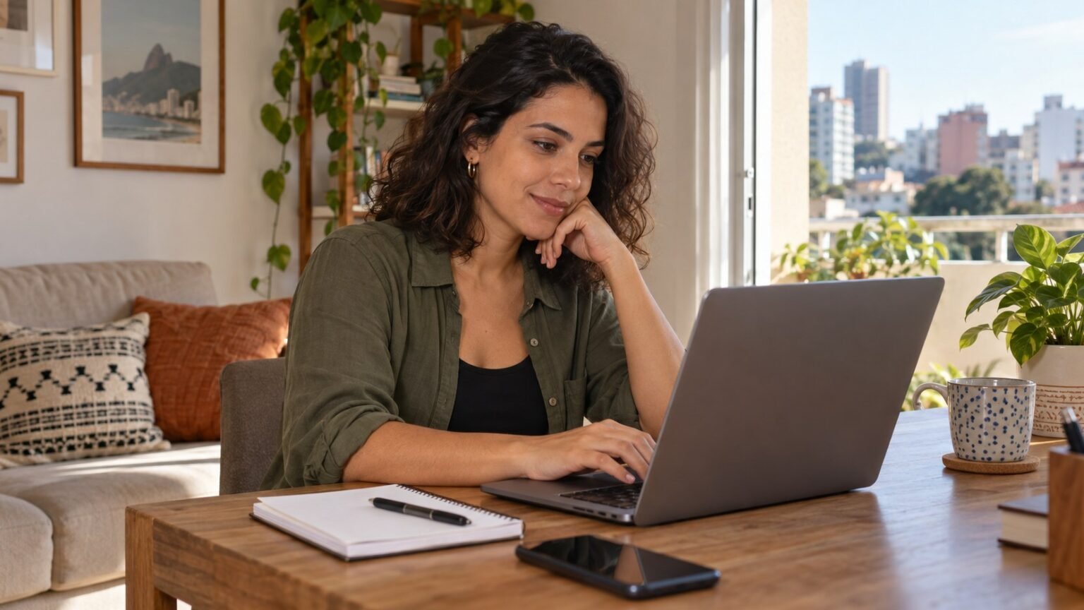 Como recusar proposta de emprego: 6 respostas para copiar Profissional diante do laptop preparando uma resposta a uma proposta de emprego, com celular e caderno sobre a mesa.