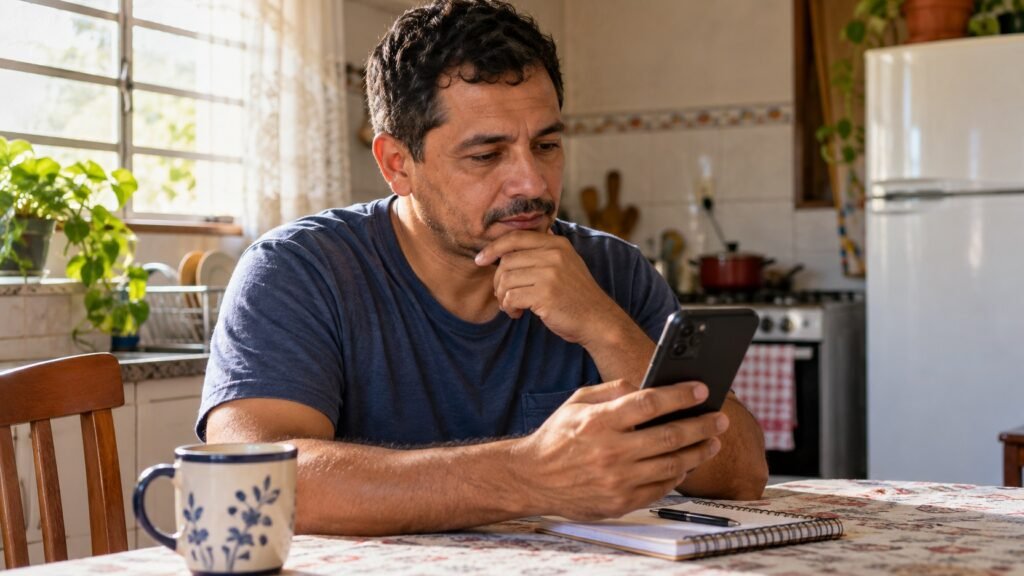 Trabalhador sentado à mesa de casa consulta o celular, com caderno ao lado e expressão atenta.