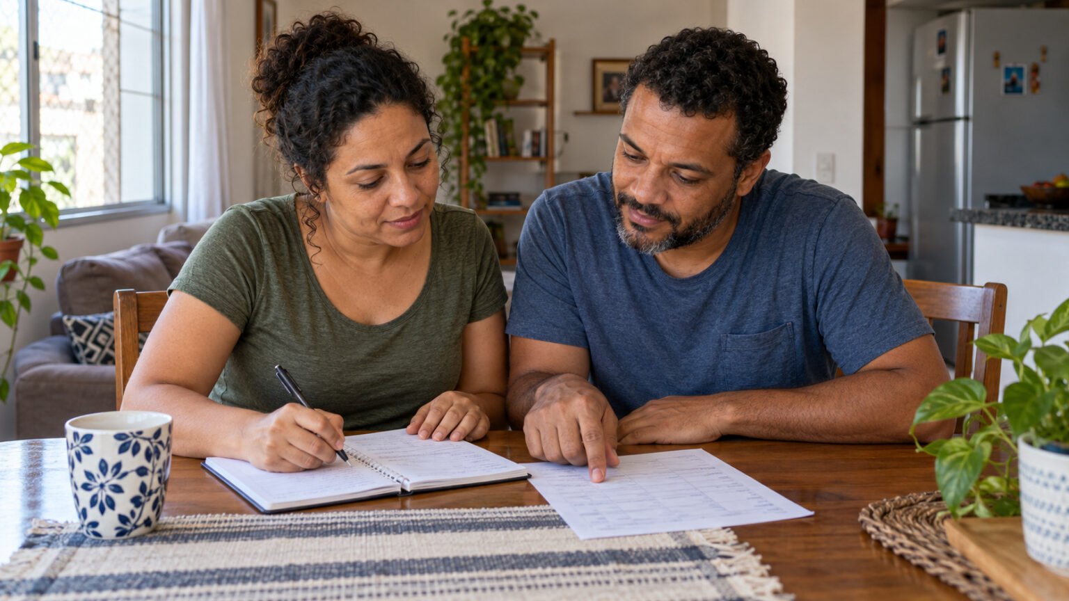 Como guardar dinheiro ganhando pouco: comece pelo que cabe no mês Casal organiza as contas em um caderno à mesa de casa, com papéis e calculadora.