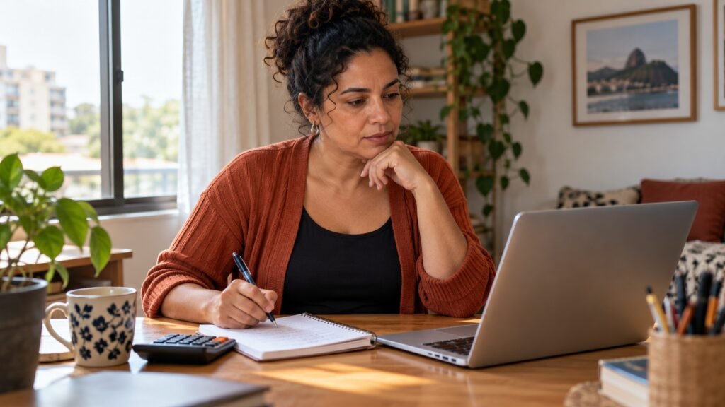 Profissional organiza uma atividade em casa com computador, caderno e calculadora sobre uma mesa simples.