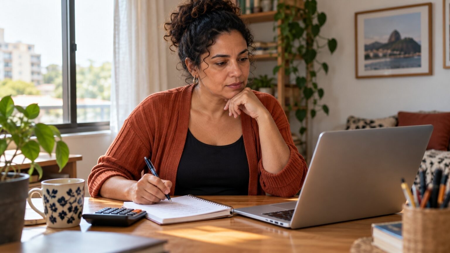 Renda extra em casa: como escolher uma ideia que compense seu tempo Profissional organiza uma atividade em casa com computador, caderno e calculadora sobre uma mesa simples.