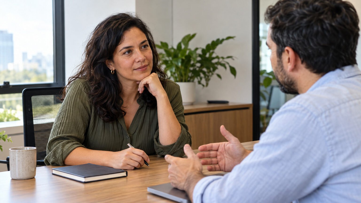 Inteligência emocional no trabalho: 5 situações para reagir sem se anular Profissional conversa com um colega em uma mesa de trabalho, com expressão atenta e postura firme.