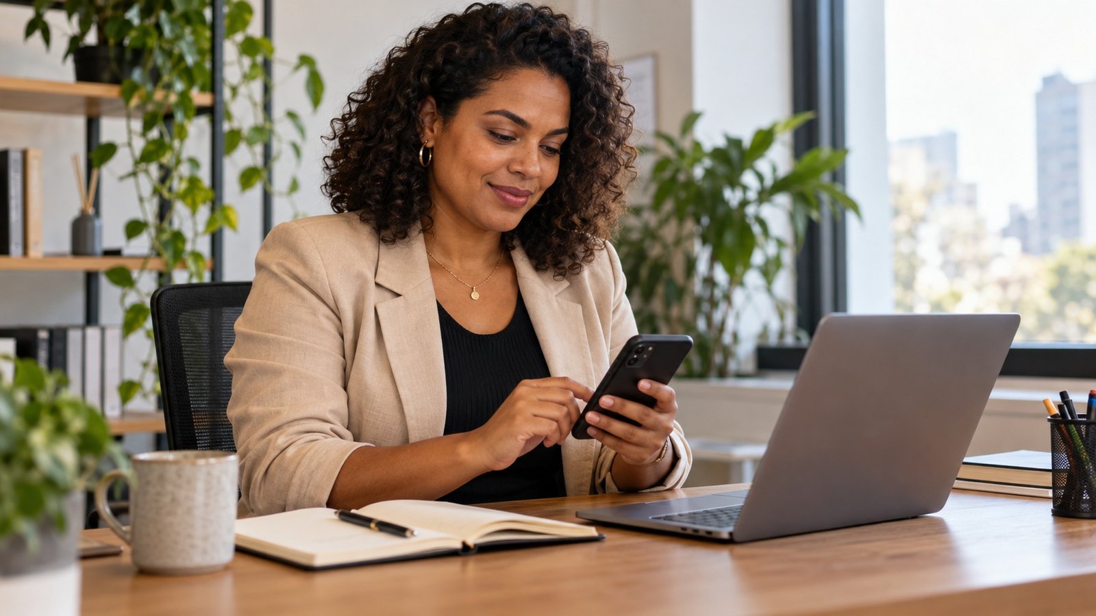 Convite para entrevista: 8 modelos para copiar sem confusão Recrutadora preparando pelo celular um convite para entrevista, com caderno e laptop sobre a mesa.