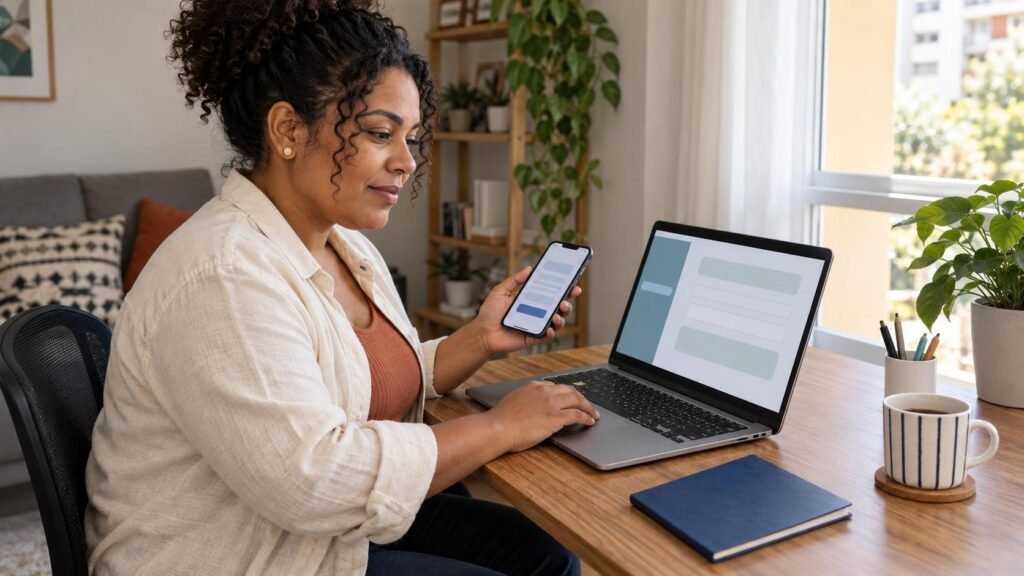 Pessoa confere o número da Carteira de Trabalho Digital no celular e no computador