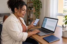 Pessoa confere o número da Carteira de Trabalho Digital no celular e no computador